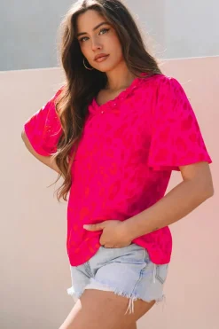 Discount Dear-Lover Leopard Frilly V Neck Short Sleeve Blouse Rose
