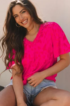Discount Dear-Lover Leopard Frilly V Neck Short Sleeve Blouse Rose