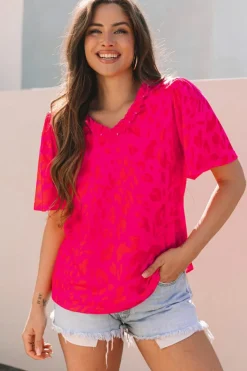 Discount Dear-Lover Leopard Frilly V Neck Short Sleeve Blouse Rose