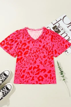 Discount Dear-Lover Leopard Frilly V Neck Short Sleeve Blouse Rose