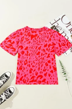 Discount Dear-Lover Leopard Frilly V Neck Short Sleeve Blouse Rose