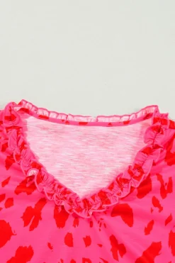 Discount Dear-Lover Leopard Frilly V Neck Short Sleeve Blouse Rose