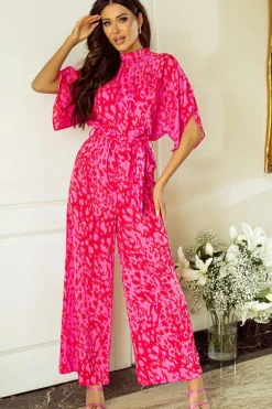 Best Dear-Lover Leopard Loose Sleeve Belted Wide Leg Jumpsuit Rose