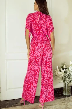 Best Dear-Lover Leopard Loose Sleeve Belted Wide Leg Jumpsuit Rose