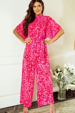 Best Dear-Lover Leopard Loose Sleeve Belted Wide Leg Jumpsuit Rose