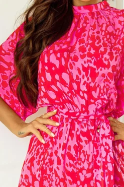 Best Dear-Lover Leopard Loose Sleeve Belted Wide Leg Jumpsuit Rose