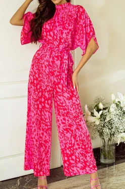 Best Dear-Lover Leopard Loose Sleeve Belted Wide Leg Jumpsuit Rose