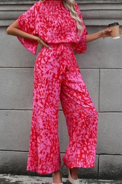 Best Dear-Lover Leopard Loose Sleeve Belted Wide Leg Jumpsuit Rose