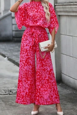 Best Dear-Lover Leopard Loose Sleeve Belted Wide Leg Jumpsuit Rose