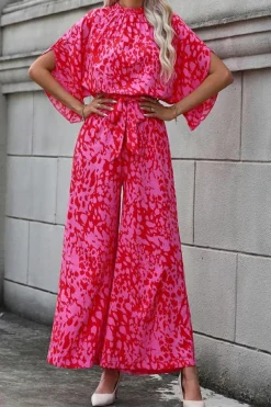 Best Dear-Lover Leopard Loose Sleeve Belted Wide Leg Jumpsuit Rose