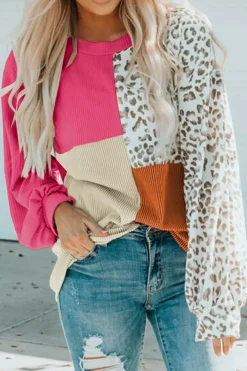 Hot Dear-Lover Leopard Patchwork Color Block Ribbed Long Sleeve Top Rose