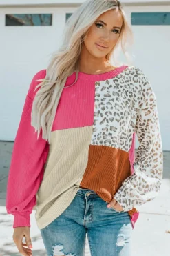 Hot Dear-Lover Leopard Patchwork Color Block Ribbed Long Sleeve Top Rose
