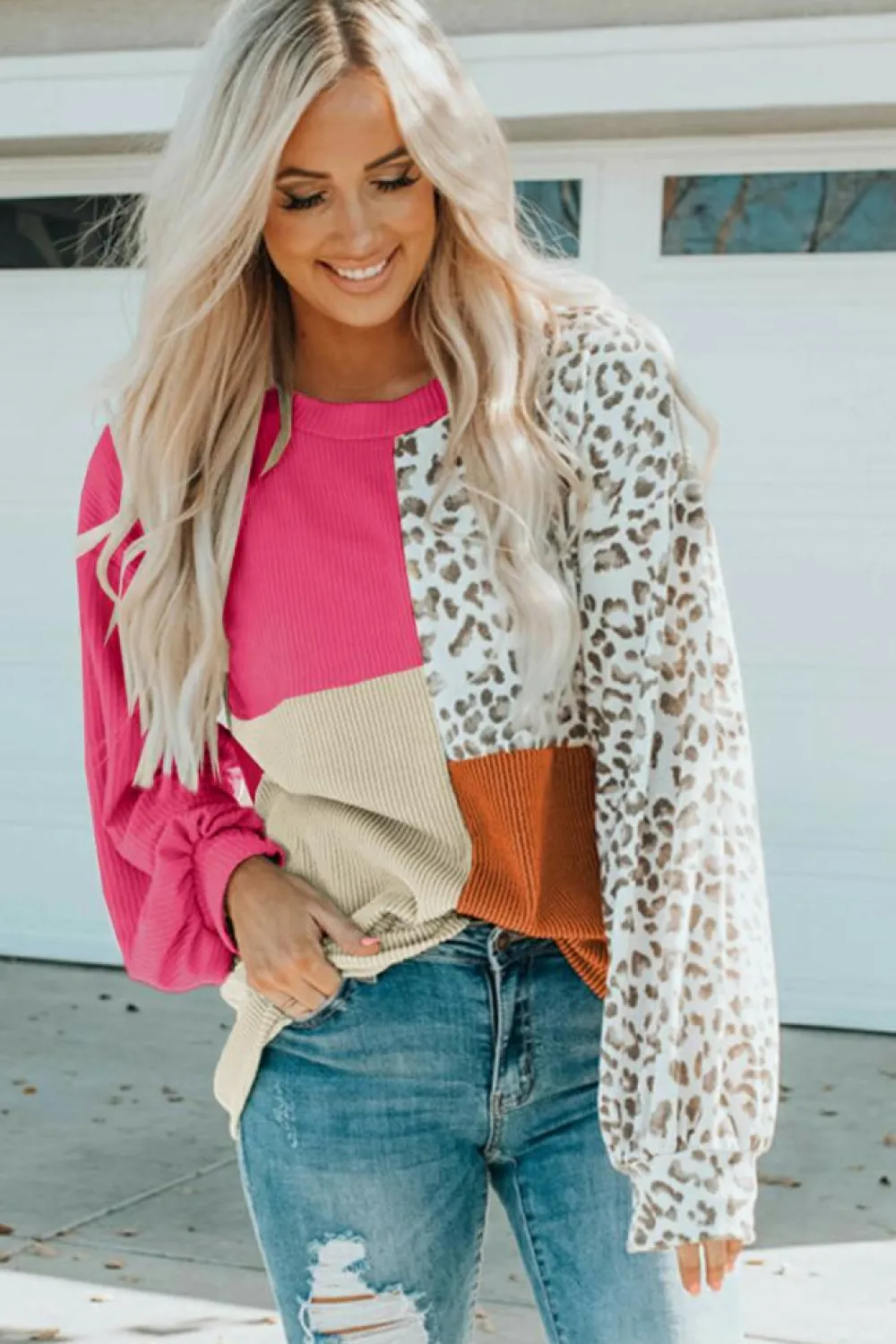 Hot Dear-Lover Leopard Patchwork Color Block Ribbed Long Sleeve Top Rose