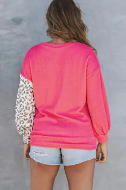 Hot Dear-Lover Leopard Patchwork Color Block Ribbed Long Sleeve Top Rose