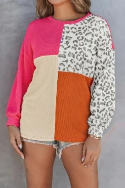 Hot Dear-Lover Leopard Patchwork Color Block Ribbed Long Sleeve Top Rose