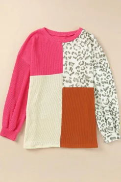 Hot Dear-Lover Leopard Patchwork Color Block Ribbed Long Sleeve Top Rose