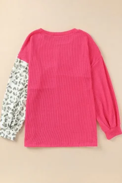 Hot Dear-Lover Leopard Patchwork Color Block Ribbed Long Sleeve Top Rose
