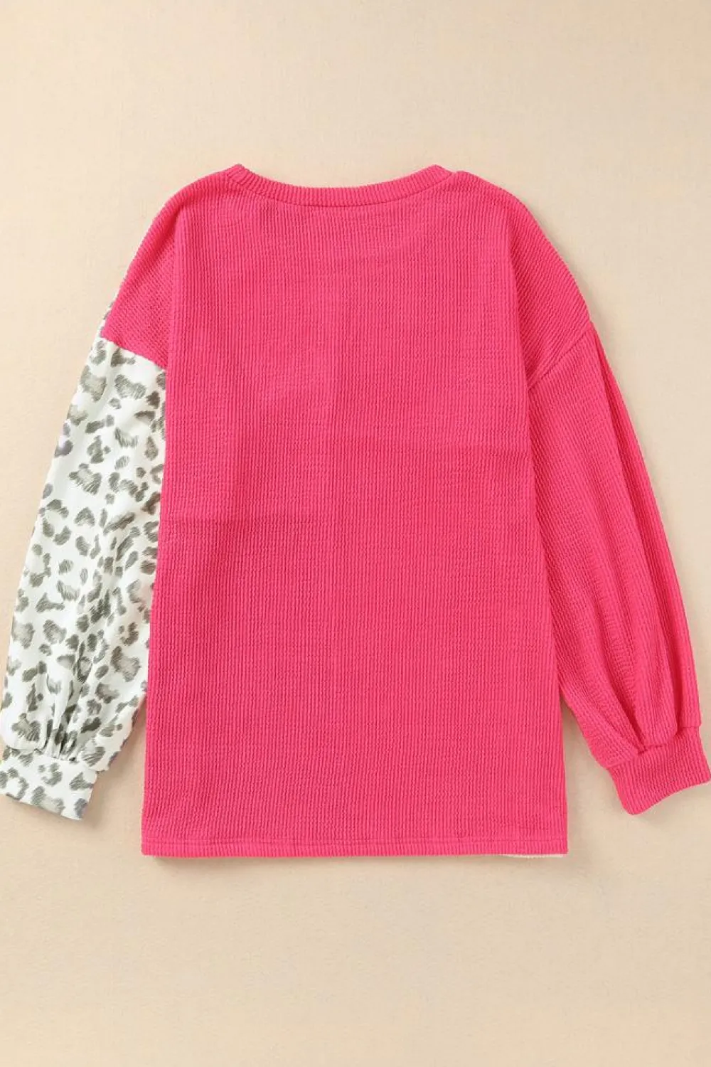 Hot Dear-Lover Leopard Patchwork Color Block Ribbed Long Sleeve Top Rose