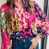 New Dear-Lover Leopard Patchwork Print Pleated Blouse Rose
