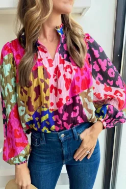 New Dear-Lover Leopard Patchwork Print Pleated Blouse Rose