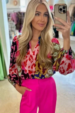 New Dear-Lover Leopard Patchwork Print Pleated Blouse Rose