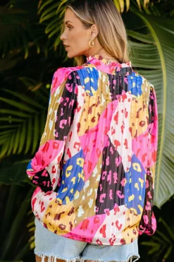 New Dear-Lover Leopard Patchwork Print Pleated Blouse Rose