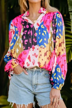 New Dear-Lover Leopard Patchwork Print Pleated Blouse Rose
