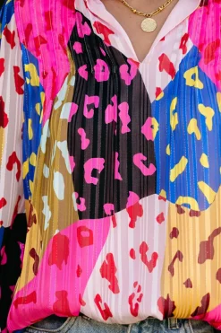 New Dear-Lover Leopard Patchwork Print Pleated Blouse Rose