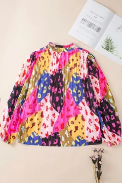 New Dear-Lover Leopard Patchwork Print Pleated Blouse Rose