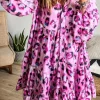 Outlet Dear-Lover Leopard Print Buttoned Front 3/4 Sleeve Tiered Ruffled Hem Dress Rose