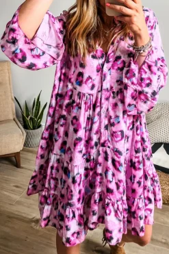 Outlet Dear-Lover Leopard Print Buttoned Front 3/4 Sleeve Tiered Ruffled Hem Dress Rose
