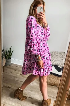 Outlet Dear-Lover Leopard Print Buttoned Front 3/4 Sleeve Tiered Ruffled Hem Dress Rose
