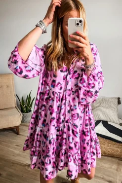 Outlet Dear-Lover Leopard Print Buttoned Front 3/4 Sleeve Tiered Ruffled Hem Dress Rose