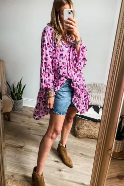 Outlet Dear-Lover Leopard Print Buttoned Front 3/4 Sleeve Tiered Ruffled Hem Dress Rose