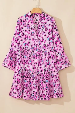 Outlet Dear-Lover Leopard Print Buttoned Front 3/4 Sleeve Tiered Ruffled Hem Dress Rose