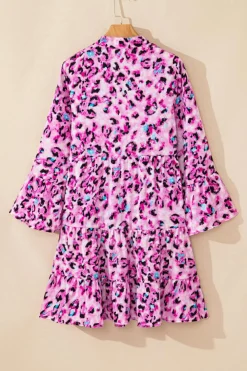 Outlet Dear-Lover Leopard Print Buttoned Front 3/4 Sleeve Tiered Ruffled Hem Dress Rose