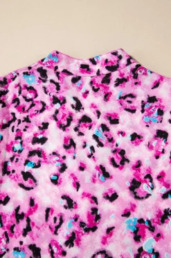 Outlet Dear-Lover Leopard Print Buttoned Front 3/4 Sleeve Tiered Ruffled Hem Dress Rose