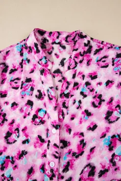 Outlet Dear-Lover Leopard Print Buttoned Front 3/4 Sleeve Tiered Ruffled Hem Dress Rose
