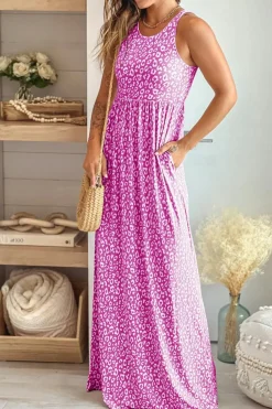 New Dear-Lover Leopard Print Pocketed Sleeveless Maxi Dress Rose