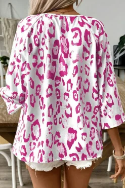 Fashion Dear-Lover Leopard Print Ruched V Neck 3/4 Sleeve Blouse Rose