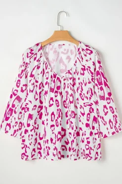 Fashion Dear-Lover Leopard Print Ruched V Neck 3/4 Sleeve Blouse Rose