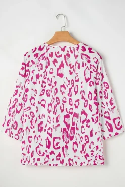 Fashion Dear-Lover Leopard Print Ruched V Neck 3/4 Sleeve Blouse Rose