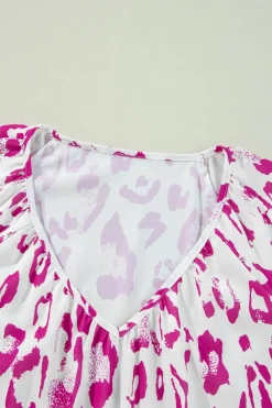 Fashion Dear-Lover Leopard Print Ruched V Neck 3/4 Sleeve Blouse Rose