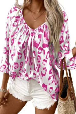 Fashion Dear-Lover Leopard Print Ruched V Neck 3/4 Sleeve Blouse Rose