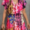 Online Dear-Lover Leopard Print Short Sleeve Tiered Ruffle Mini Dress Rose