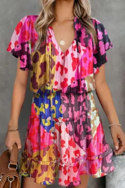 Online Dear-Lover Leopard Print Short Sleeve Tiered Ruffle Mini Dress Rose