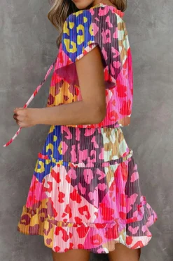 Online Dear-Lover Leopard Print Short Sleeve Tiered Ruffle Mini Dress Rose