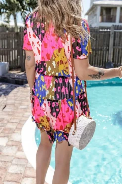 Online Dear-Lover Leopard Print Short Sleeve Tiered Ruffle Mini Dress Rose