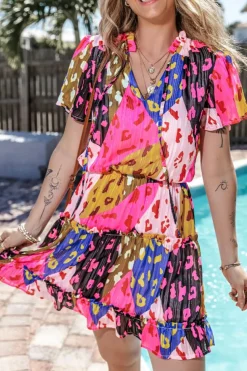 Online Dear-Lover Leopard Print Short Sleeve Tiered Ruffle Mini Dress Rose