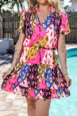 Online Dear-Lover Leopard Print Short Sleeve Tiered Ruffle Mini Dress Rose